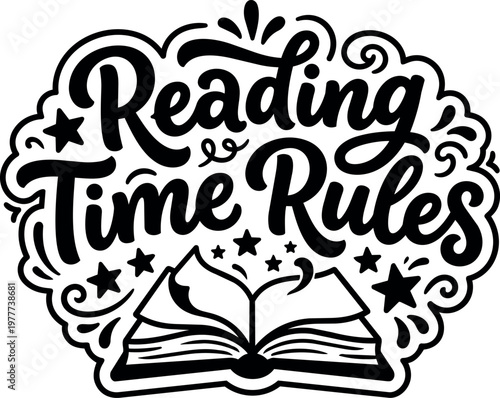 Reading time rules hand lettering with stars and open book vector art