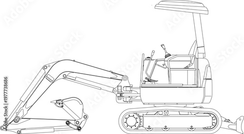 Technical engineering drawing showing a side elevation of a compact mini excavator with a hydraulic arm, bucket, tracks, and operator cabin.