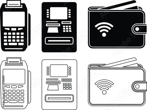 Black and white silhouette icons of modern payment methods and wallets