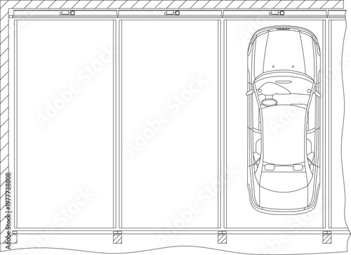 Technical architectural drawing showing a top-down plan view of a three-bay garage structure with a sedan parked in the rightmost bay.