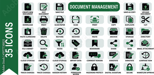 Comprehensive Set of Document Management Vector Icons for Digital Office Workflows, Efficient File Organization, and Secure Data Handling
