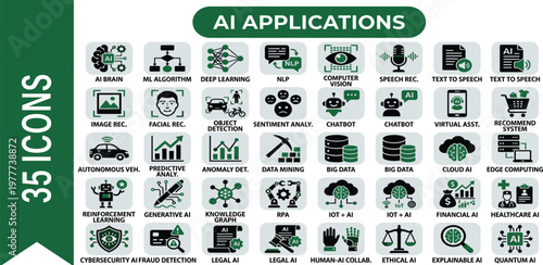 Comprehensive collection of artificial intelligence application vector icons, illustrating key concepts like machine learning, deep learning, computer vision, and data analysis