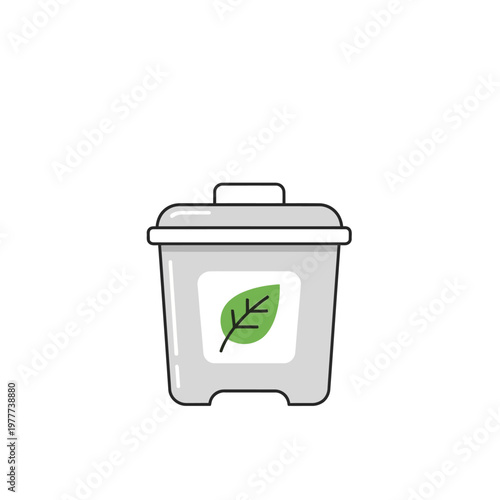 Simple illustration of a recycling bin with a green leaf symbol, representing environmental conservation and waste management