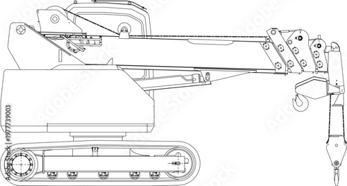 Technical engineering drawing showing a side elevation of a crawler crane with a telescopic boom, hook block, and caterpillar tracks.