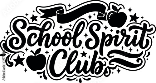 School spirit club lettering with apples stars and ribbons black and white vector art