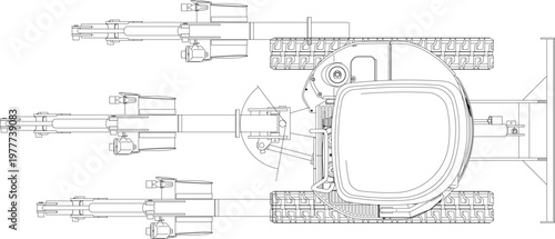 Technical engineering drawing showing a top-down plan view and three side elevations of a mini excavator with a hydraulic arm and bucket in various positions.