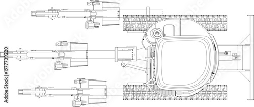 Technical engineering drawing showing a top-down plan view and side elevations of a mini excavator with a hydraulic boom arm and bucket attachment.