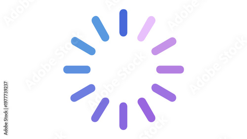 Minimalist vector illustration of a circular loading progress spinner icon for UX UI design. Features a vibrant blue to purple gradient of rounded segments, ideal for web and mobile interfaces.
