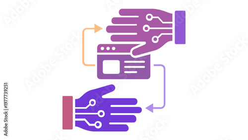 UI animation vector icon illustration featuring cybernetic hands interacting with a digital interface window and flow arrows in a vibrant orange and purple gradient style for web design apps.