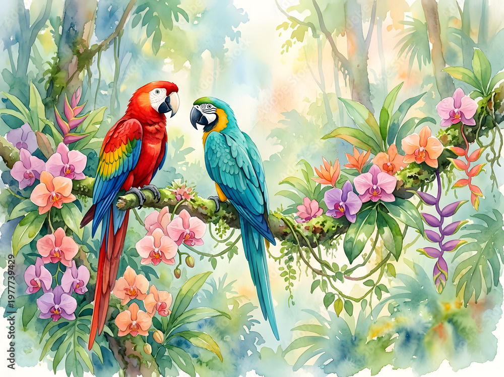 Obraz premium Vibrant Macaw Pair Nestled in a Tropical Watercolor Jungle