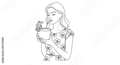 A woman enjoys a tropical coconut drink with a straw and umbrella