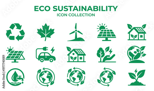 Eco sustainability icon collection, green environmental conservation vector set, renewable energy and recycling symbols for corporate social responsibility