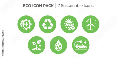 Eco icon pack with 7 sustainable icons, green environmental symbols for renewable energy and recycling, flat vector set for ecology projects
