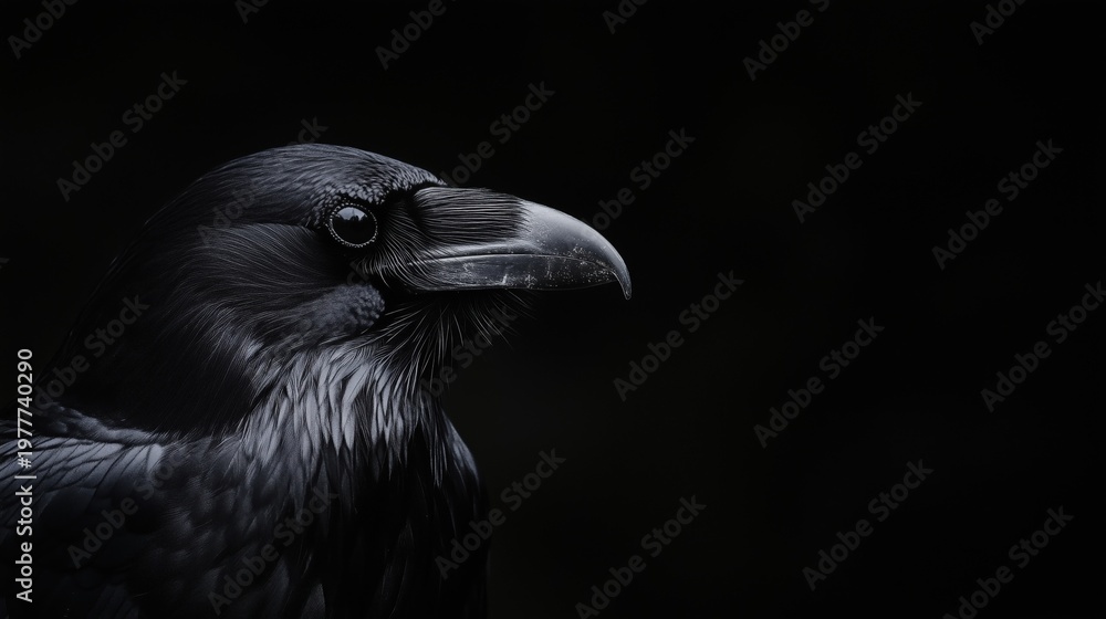 Fototapeta premium Majestic black raven bird profile portrait on dark background with sharp beak and piercing eyes looking right