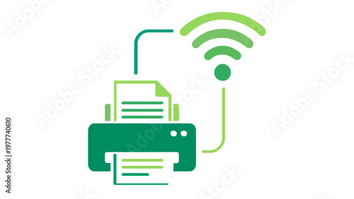 Green gradient vector icon illustration of a wireless printer with a document and Wi-Fi signal symbol, representing smart office technology, cloud printing, and modern business connectivity.