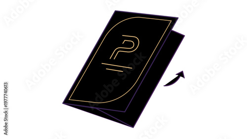 Elegant black and gold pamphlet vector illustration featuring a stylized letter P logo, depicting a folded brochure or flyer for print media, marketing, and business branding identity.