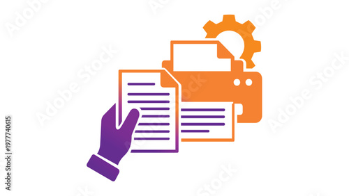 Vibrant gradient vector illustration of a hand holding a printed document next to a printer and gear icon, representing professional office printing services, document management, and setup.