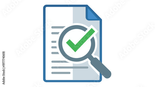 AI-generated vector icon illustration of a document with a magnifying glass and a green checkmark, symbolizing quality control, print finishing, verification, audit, and successful search results.