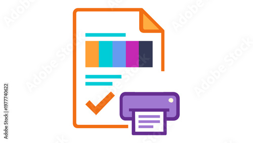 Vector icon illustration of a document with color bars, a checkmark, and a printer, representing print finishing, quality control, and professional prepress production in a flat minimalist style.
