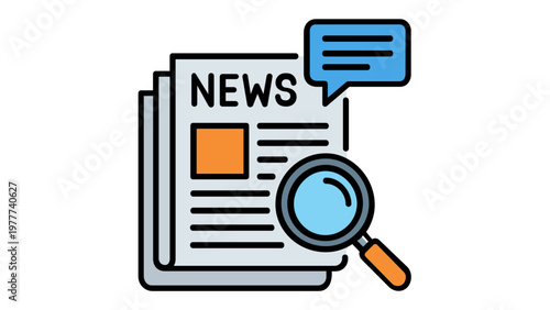 Flat vector illustration of a newspaper with the word NEWS, a blue speech bubble, and a magnifying glass, symbolizing journalism, media search, information gathering, and news reporting.