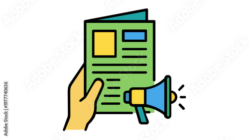Flat vector icon illustration of a hand holding a green brochure or newspaper alongside a megaphone, symbolizing print media marketing, advertising campaigns, news promotion, and communication.