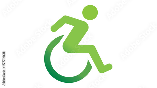 Dynamic green gradient vector icon illustration of an active person in a wheelchair, representing accessibility, mobility, disability rights, and inclusive healthcare in a minimalist flat style
