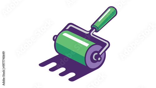 Isometric vector illustration of a green print roller brayer applying purple ink. Minimalist flat design icon for printmaking, art studio, graphic design, and craft projects. Scalable AI-generated