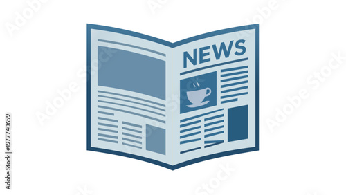 Blue newspaper vector illustration icon featuring the word NEWS and a steaming coffee cup graphic, representing journalism, print media, daily press, and morning news in a flat minimalist style.