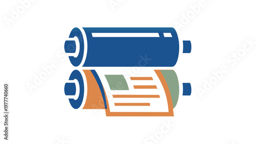 Professional vector illustration of a printing press icon featuring rotating rollers and a printed document, designed with a modern blue and orange gradient for publishing and media industries.