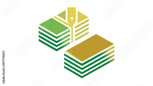 Green and Yellow Gradient Isometric Vector Icon Illustration of Printed Paper Stacks and Documents for Publishing, Business, and Print Media Industry, Minimalist Flat Scalable Design