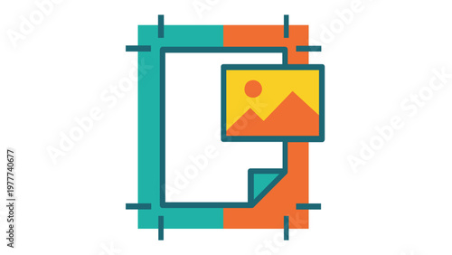 Flat vector illustration of a stationery design icon with crop marks and a photo element, ideal for graphic design, professional printing services, branding, and publishing. AI-generated icon.