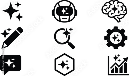 Vector illustrations of artificial intelligence and smart tech. The set covers machine learning, automation, and data analysis. Concepts for app interface rendered in flat design.