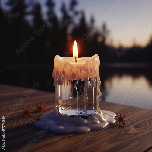 Single Candle on Wooden Surface with Melted Wax.