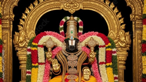 Deity Adorned in Temple: A divine idol, beautifully adorned with ornate jewels and vibrant floral garlands, radiates an aura of serenity and spiritual magnificence within the sacred walls of a temple.