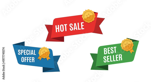 Ribbons with promotional text banners.