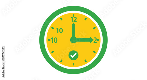 Green and yellow clock face with checkmark, showing 2 o'clock, isolated on white.
