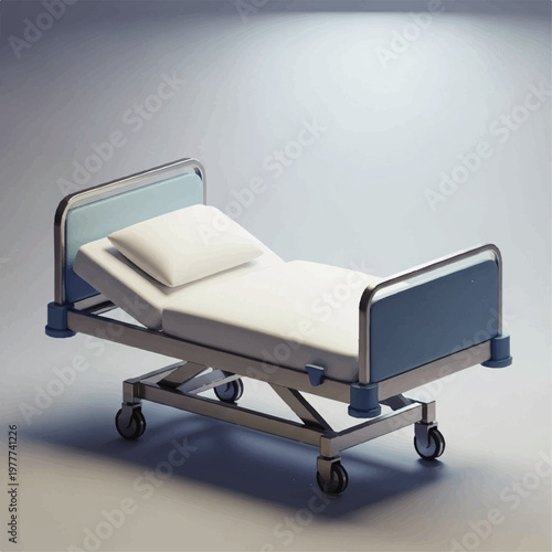 Adjustable hospital bed on wheels for patient care.