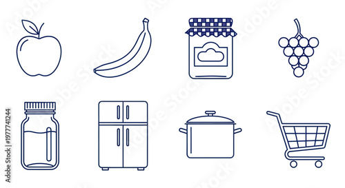 Grocery Shopping Icons: Apple, Banana, Jam, Grapes, Fridge, Pot, Cart