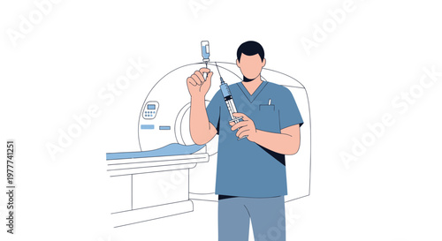 Medical professional prepares injection near MRI scanner, illustration