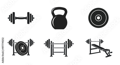 Gym Equipment Icons: Dumbbell, Kettlebell, Barbell, Weight Plates, Bench Press