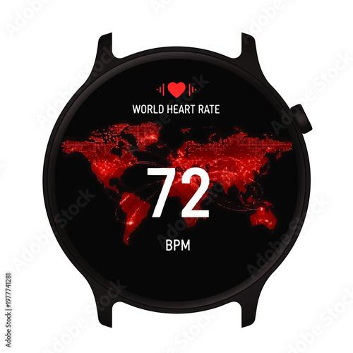 Fitness smartwatch heart rate display on round screen.
