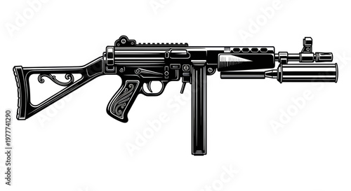 Submachine Gun with Silencer Illustration