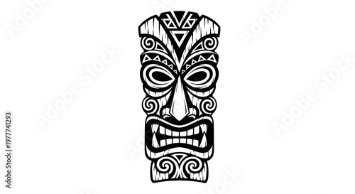 Tribal Tiki Mask Illustration, Polynesian Culture, Ancient Art, Black and White