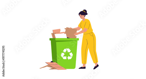 Woman throwing cardboard into green recycling bin, environmental protection concept