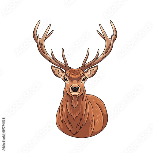 Majestic Red Deer Head with Large Antlers, a Powerful Symbol of Wild Nature and Natural Beauty, Vector Illustration on White Background