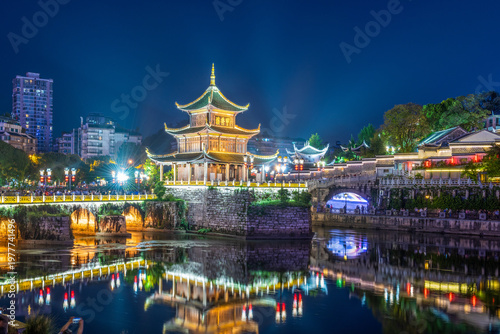 The night view of Jiaxiu Tower in Nanming District, Guiyang City, Guizhou Province, China