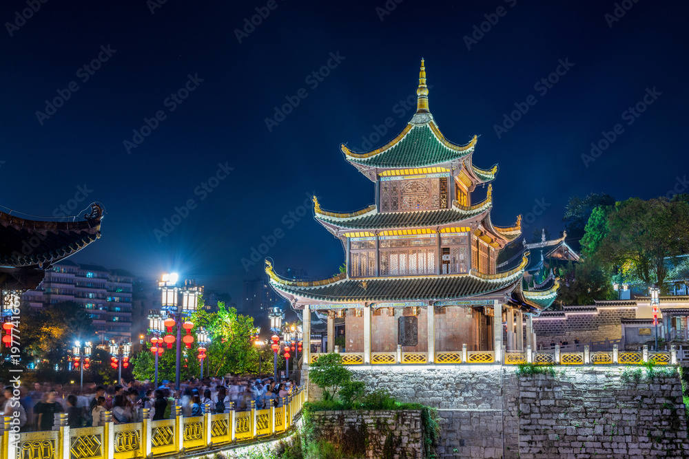 Fototapeta premium The night view of Jiaxiu Tower in Nanming District, Guiyang City, Guizhou Province, China