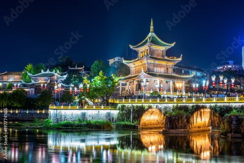The night view of Jiaxiu Tower in Nanming District, Guiyang City, Guizhou Province, China