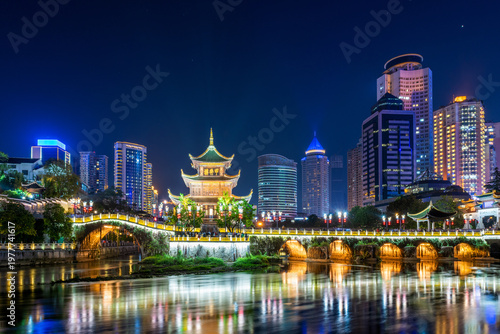 The night view of Jiaxiu Tower in Nanming District, Guiyang City, Guizhou Province, China