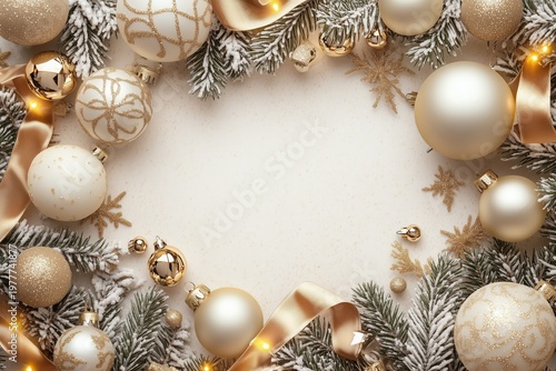 Elegant Christmas ornaments on red glitter with warm golden bokeh lights, creating atmospheric seasonal background for celebration designs.